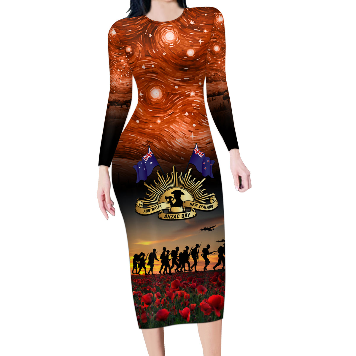 The Rising Sun Badge ANZAC Long Sleeve Bodycon Dress Last Post Field of Poppy Starry Night Style