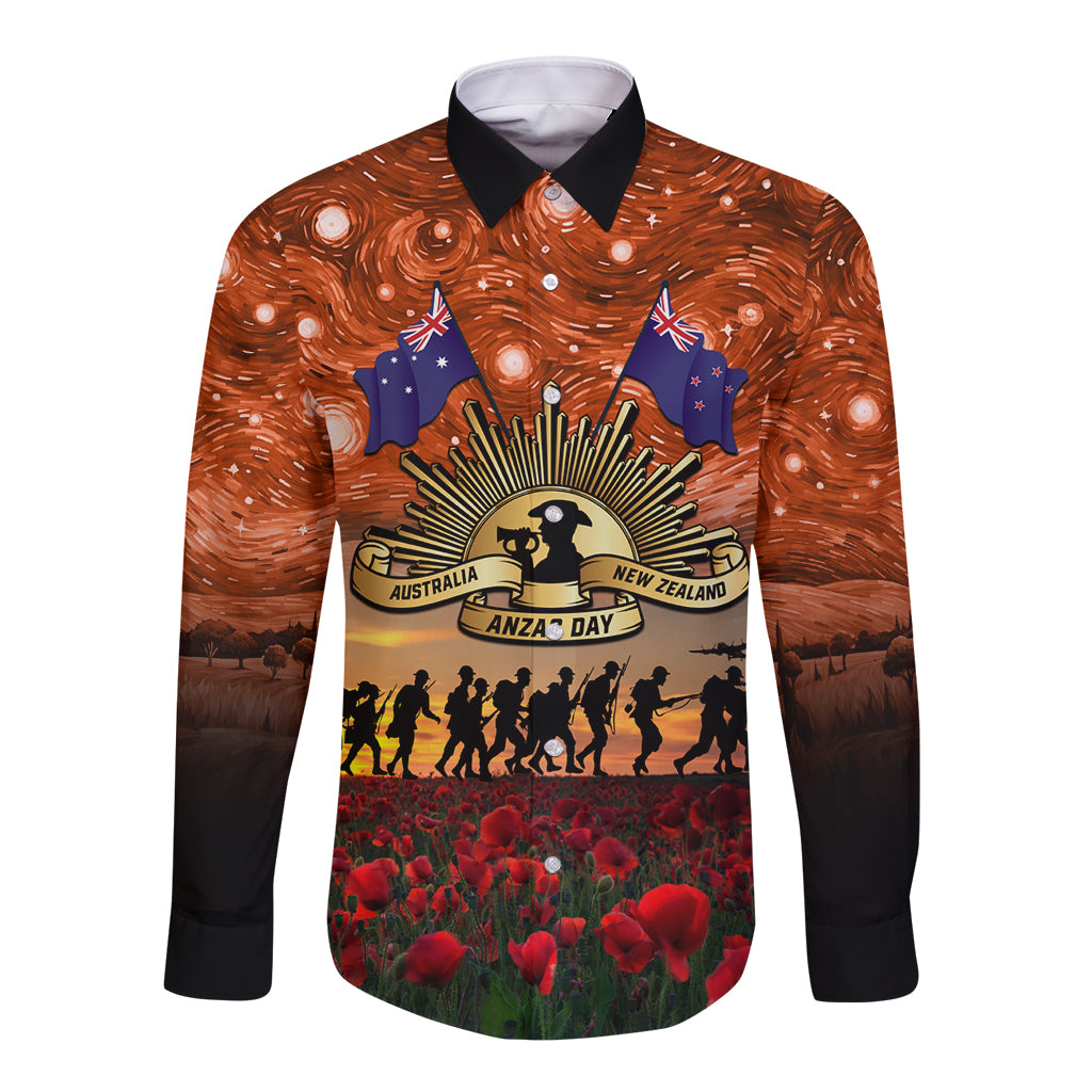 The Rising Sun Badge ANZAC Long Sleeve Button Shirt Last Post Field of Poppy Starry Night Style