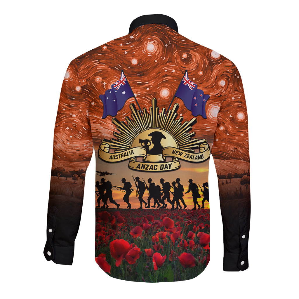The Rising Sun Badge ANZAC Long Sleeve Button Shirt Last Post Field of Poppy Starry Night Style