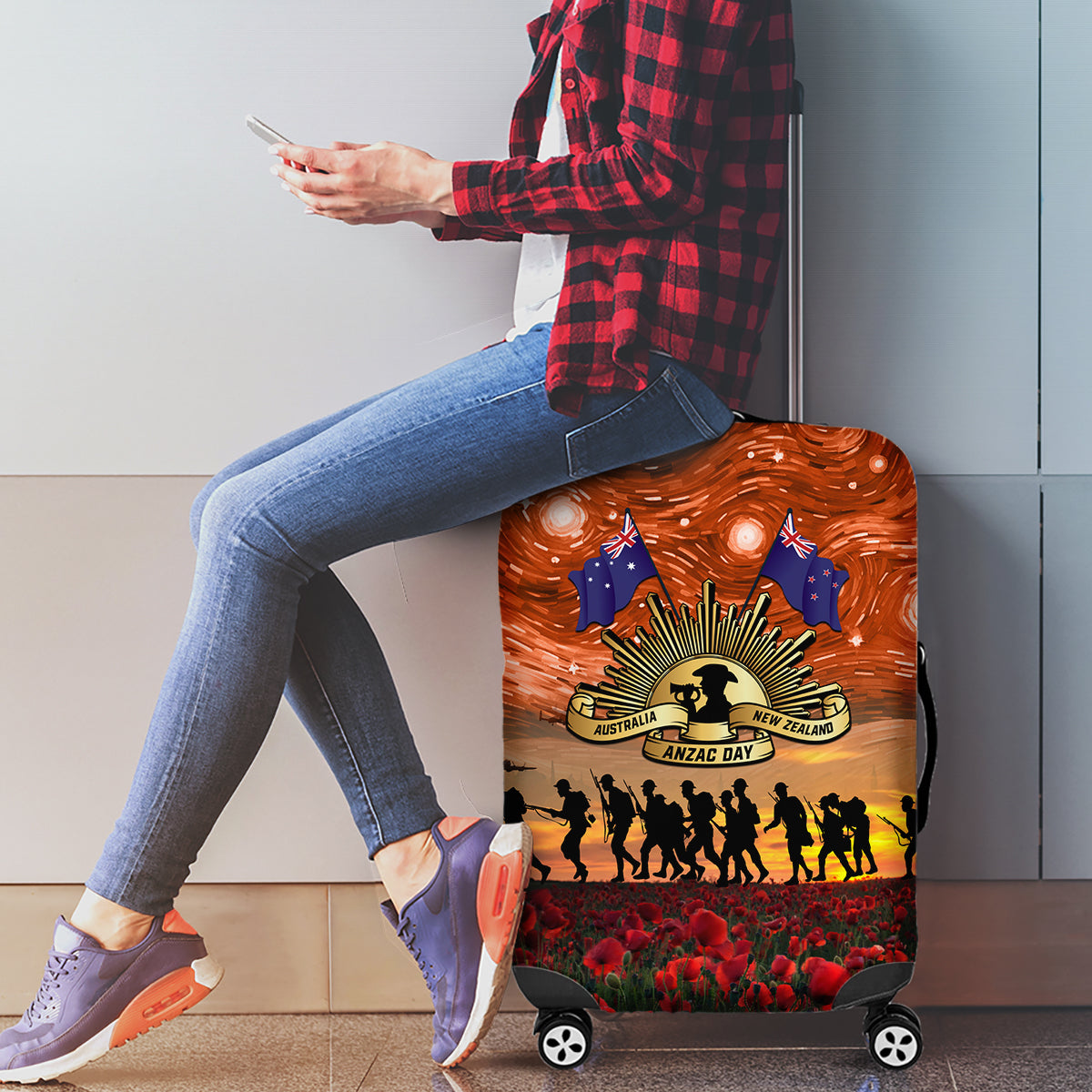 The Rising Sun Badge ANZAC Luggage Cover Last Post Field of Poppy Starry Night Style