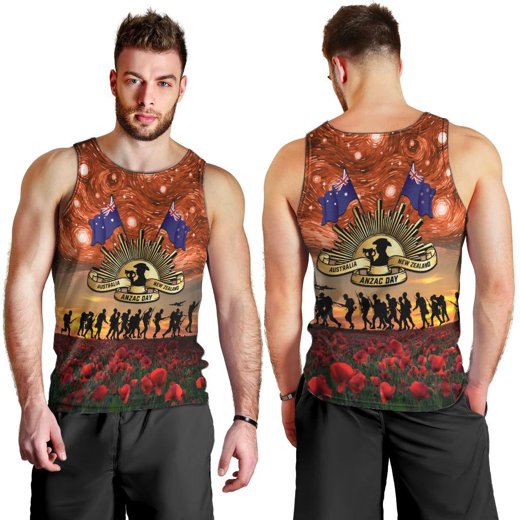 The Rising Sun Badge ANZAC Men Tank Top Last Post Field of Poppy Starry Night Style