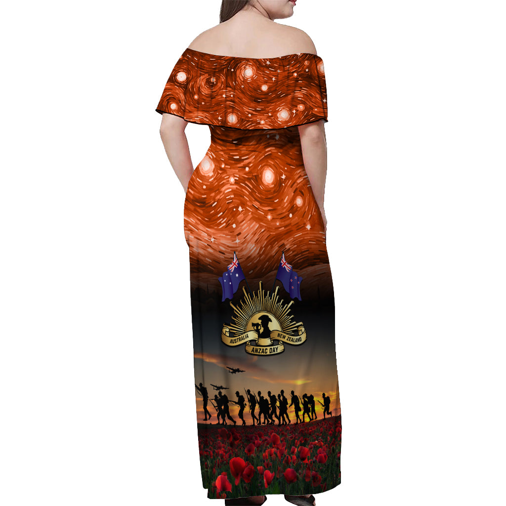 The Rising Sun Badge ANZAC Off Shoulder Maxi Dress Last Post Field of Poppy Starry Night Style