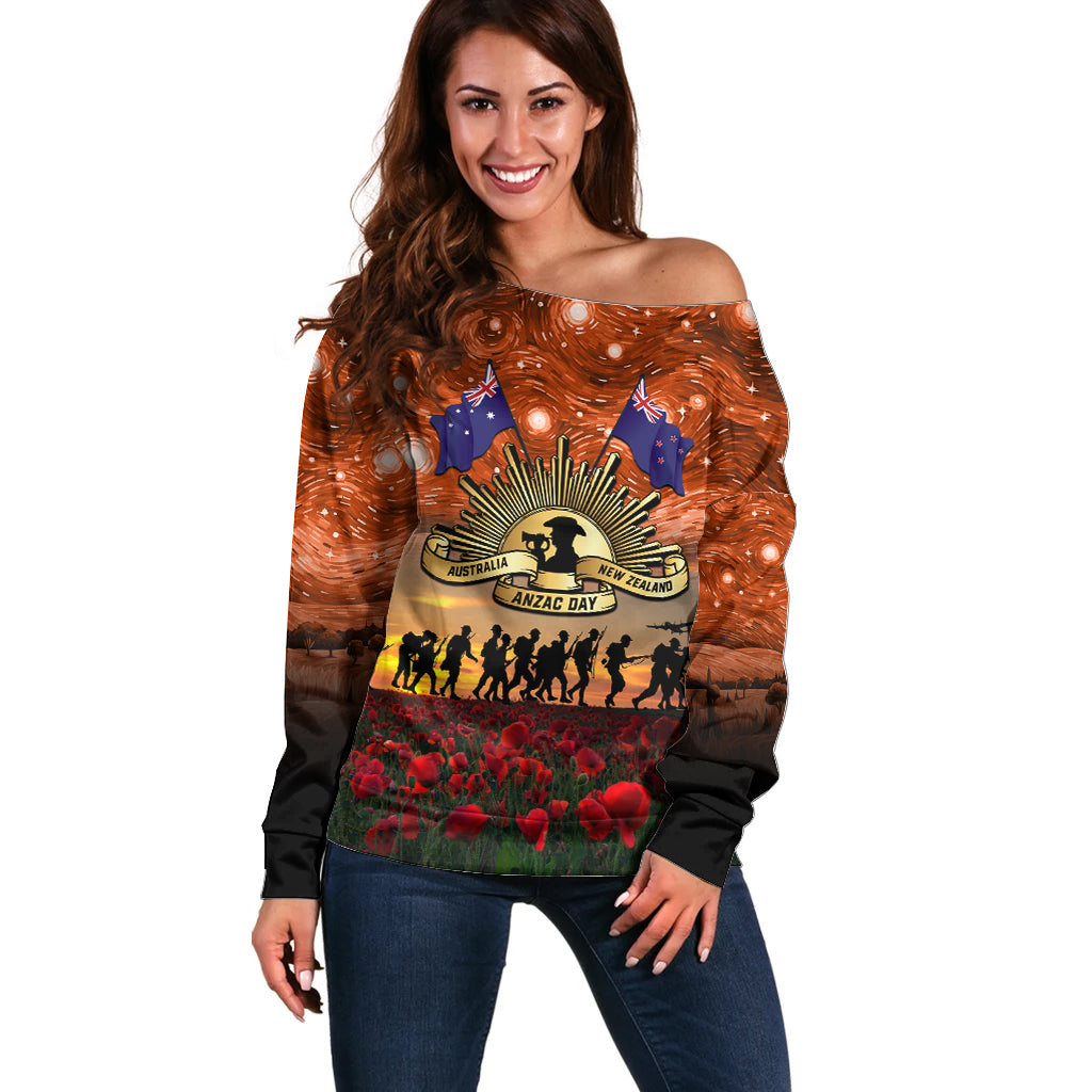 The Rising Sun Badge ANZAC Off Shoulder Sweater Last Post Field of Poppy Starry Night Style