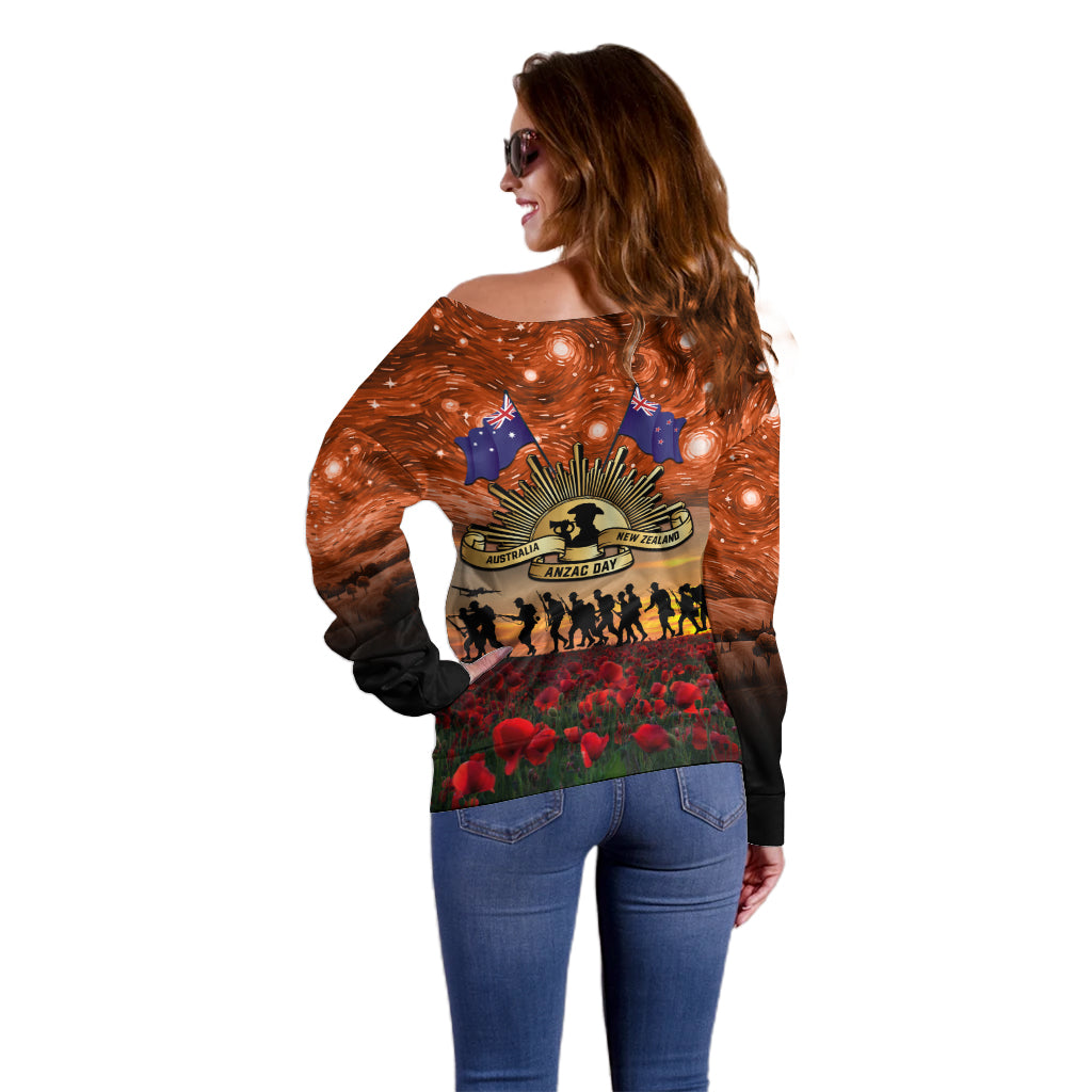 The Rising Sun Badge ANZAC Off Shoulder Sweater Last Post Field of Poppy Starry Night Style