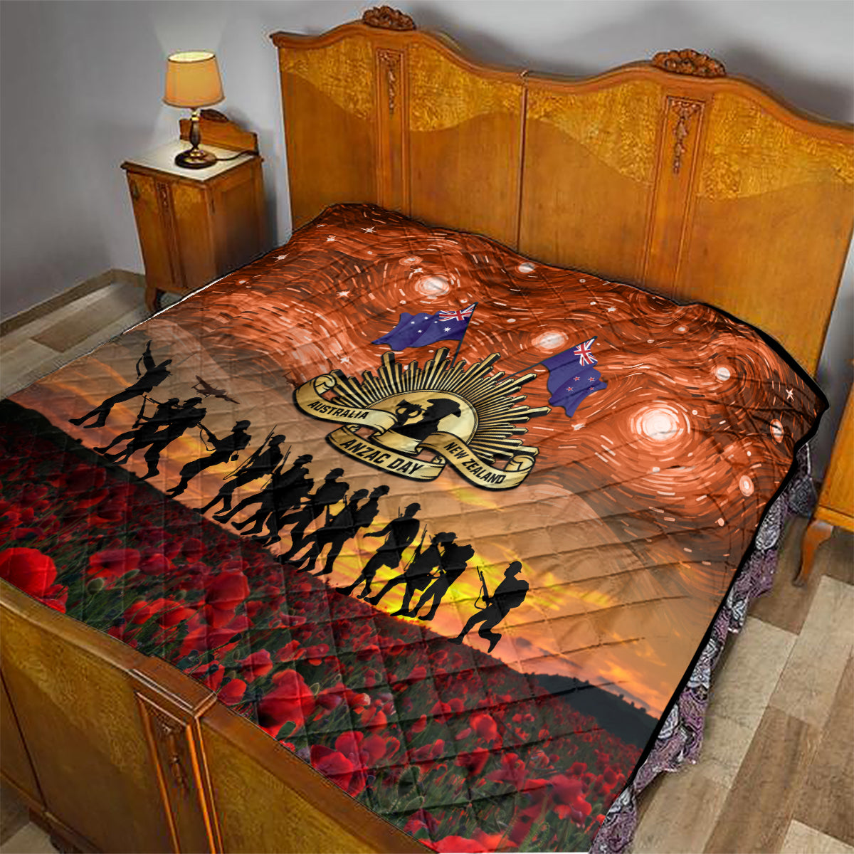 The Rising Sun Badge ANZAC Quilt Last Post Field of Poppy Starry Night Style