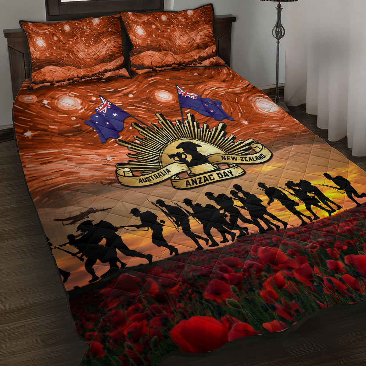 The Rising Sun Badge ANZAC Quilt Bed Set Last Post Field of Poppy Starry Night Style