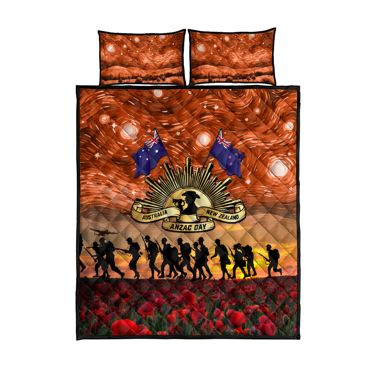 The Rising Sun Badge ANZAC Quilt Bed Set Last Post Field of Poppy Starry Night Style