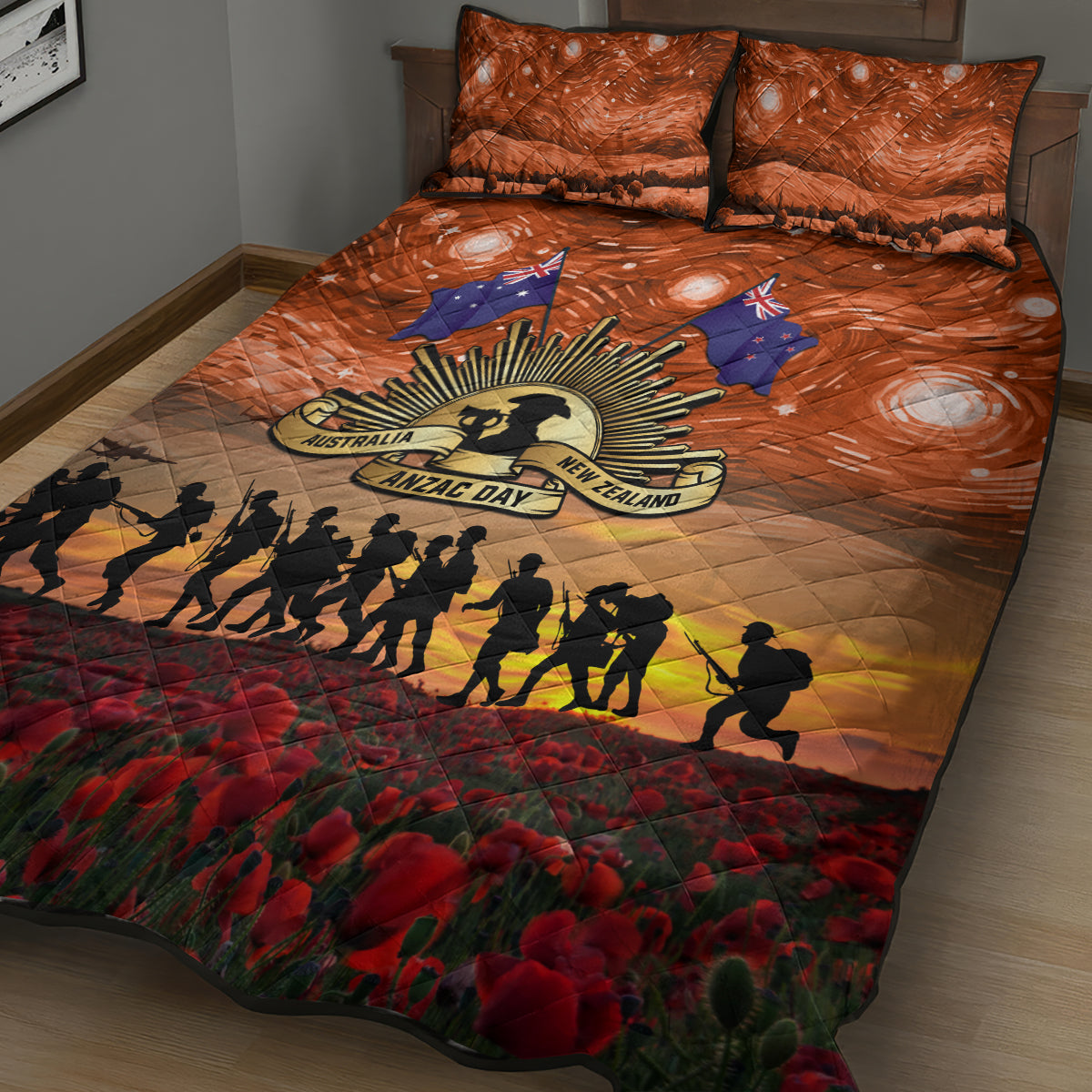 The Rising Sun Badge ANZAC Quilt Bed Set Last Post Field of Poppy Starry Night Style