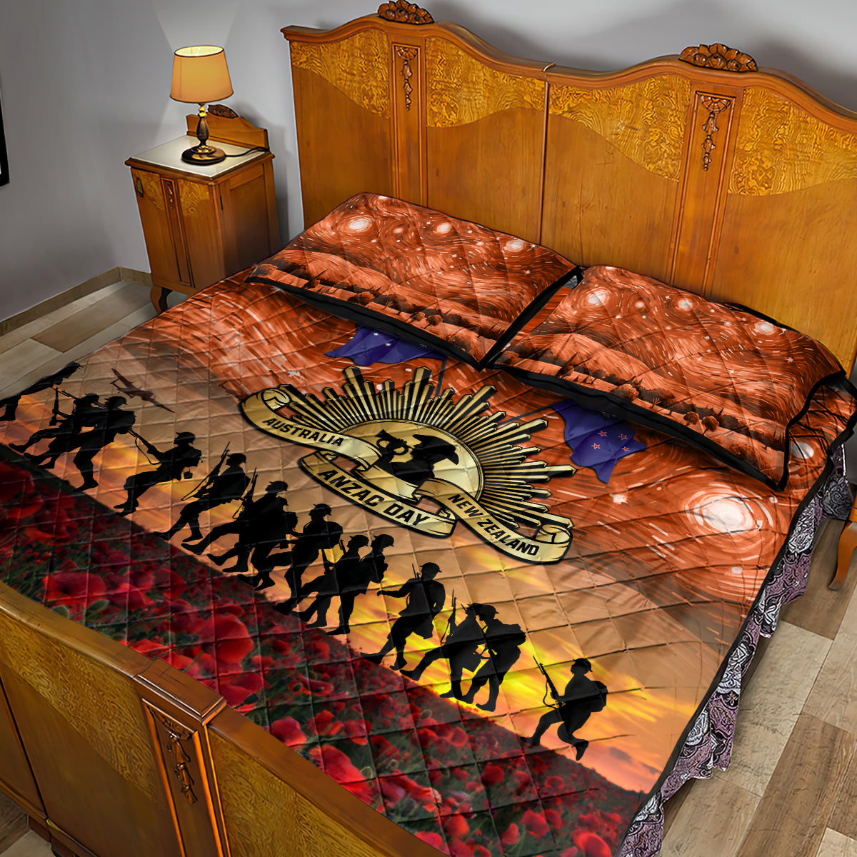 The Rising Sun Badge ANZAC Quilt Bed Set Last Post Field of Poppy Starry Night Style