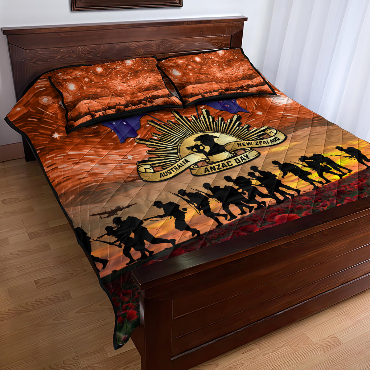 The Rising Sun Badge ANZAC Quilt Bed Set Last Post Field of Poppy Starry Night Style
