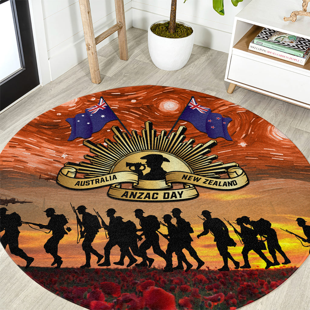 The Rising Sun Badge ANZAC Round Carpet Last Post Field of Poppy Starry Night Style