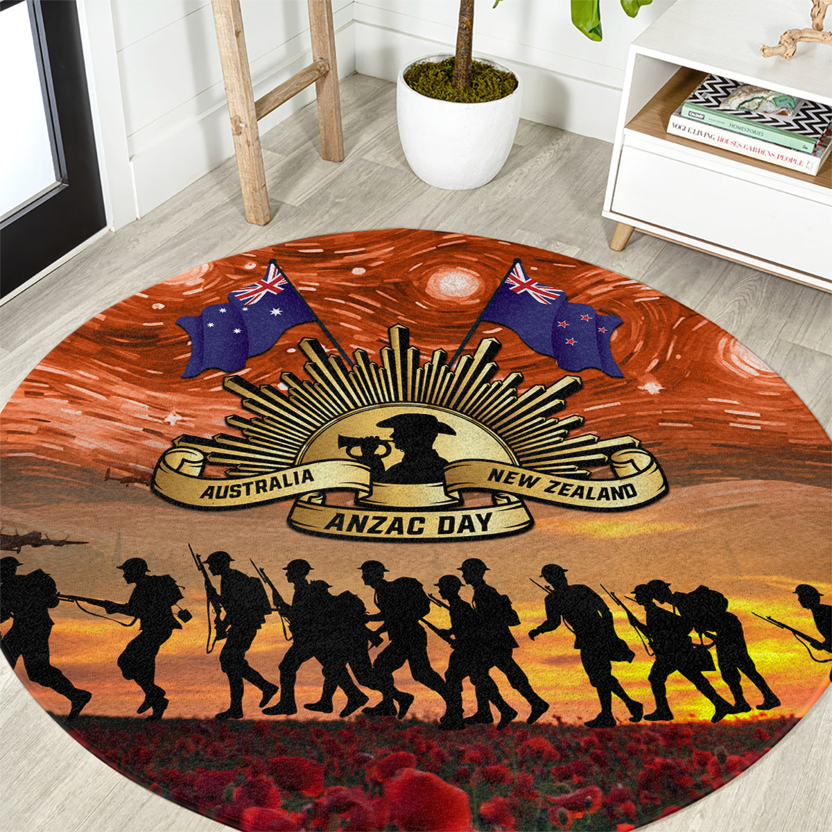 The Rising Sun Badge ANZAC Round Carpet Last Post Field of Poppy Starry Night Style
