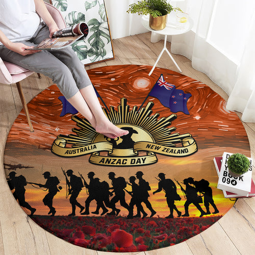 The Rising Sun Badge ANZAC Round Carpet Last Post Field of Poppy Starry Night Style