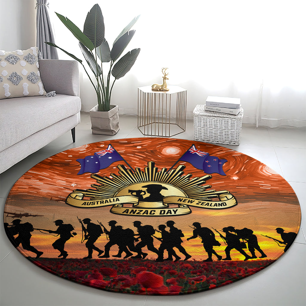 The Rising Sun Badge ANZAC Round Carpet Last Post Field of Poppy Starry Night Style