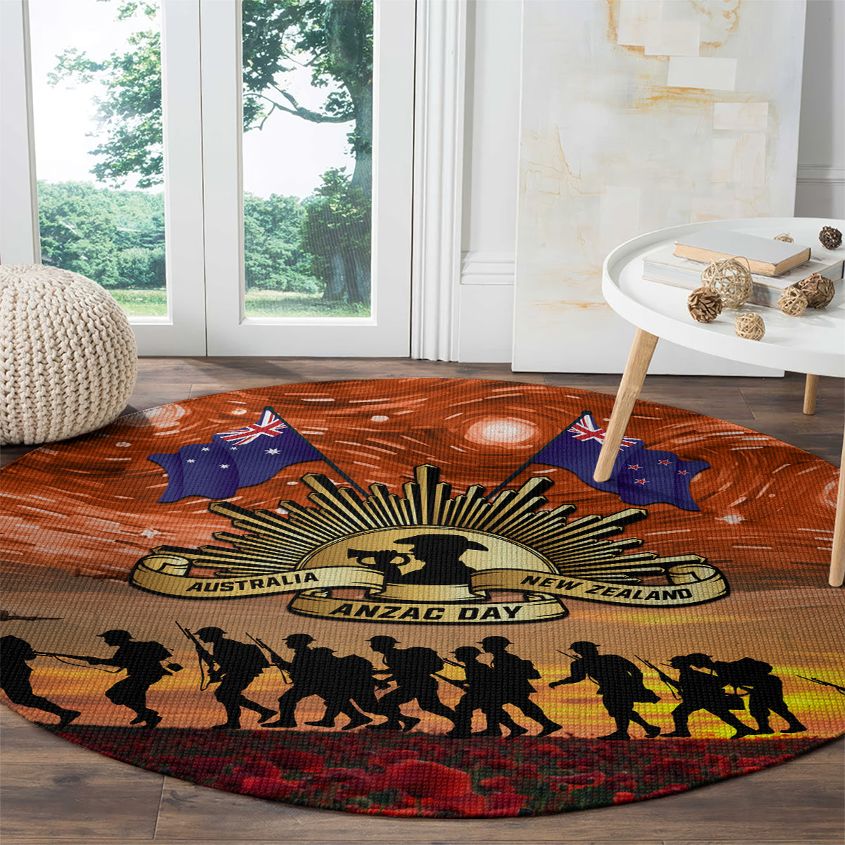 The Rising Sun Badge ANZAC Round Carpet Last Post Field of Poppy Starry Night Style