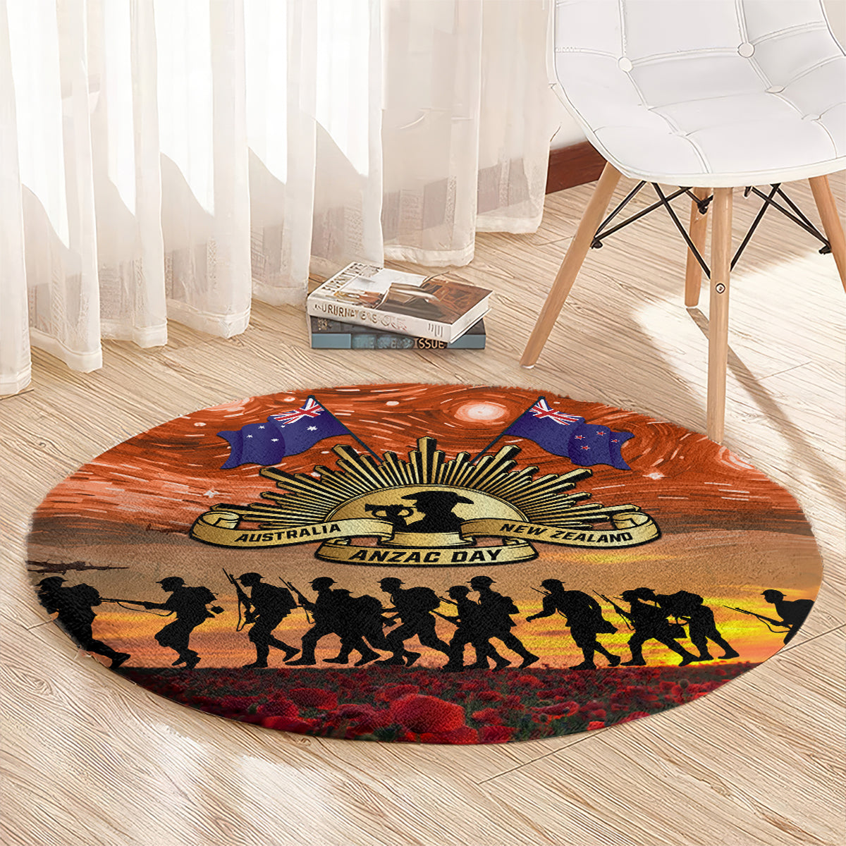 The Rising Sun Badge ANZAC Round Carpet Last Post Field of Poppy Starry Night Style