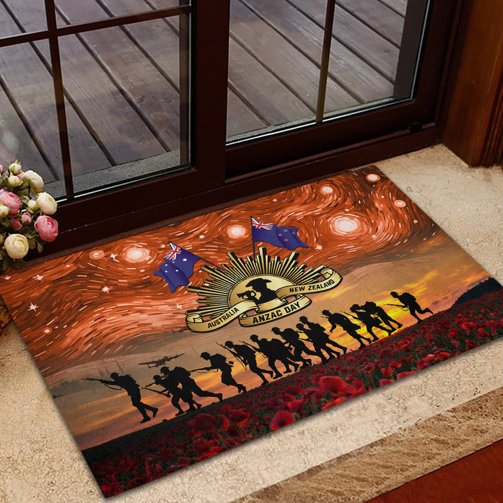 The Rising Sun Badge ANZAC Rubber Doormat Last Post Field of Poppy Starry Night Style
