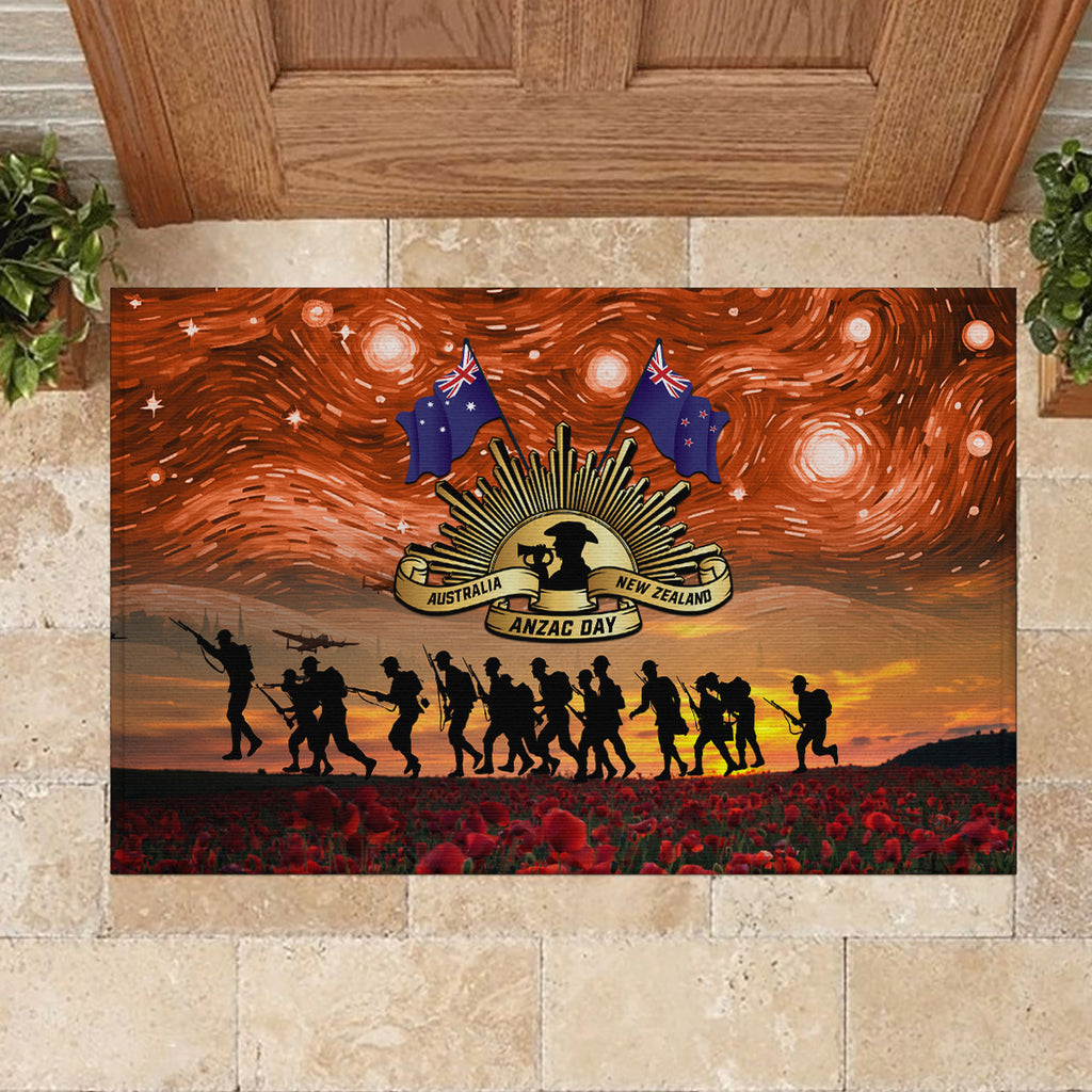 The Rising Sun Badge ANZAC Rubber Doormat Last Post Field of Poppy Starry Night Style