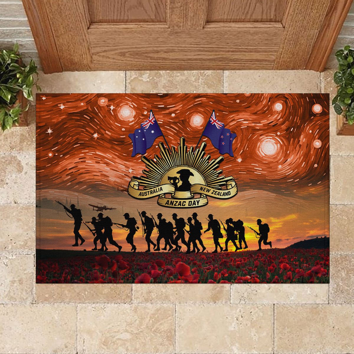 The Rising Sun Badge ANZAC Rubber Doormat Last Post Field of Poppy Starry Night Style