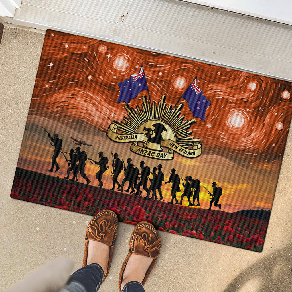 The Rising Sun Badge ANZAC Rubber Doormat Last Post Field of Poppy Starry Night Style
