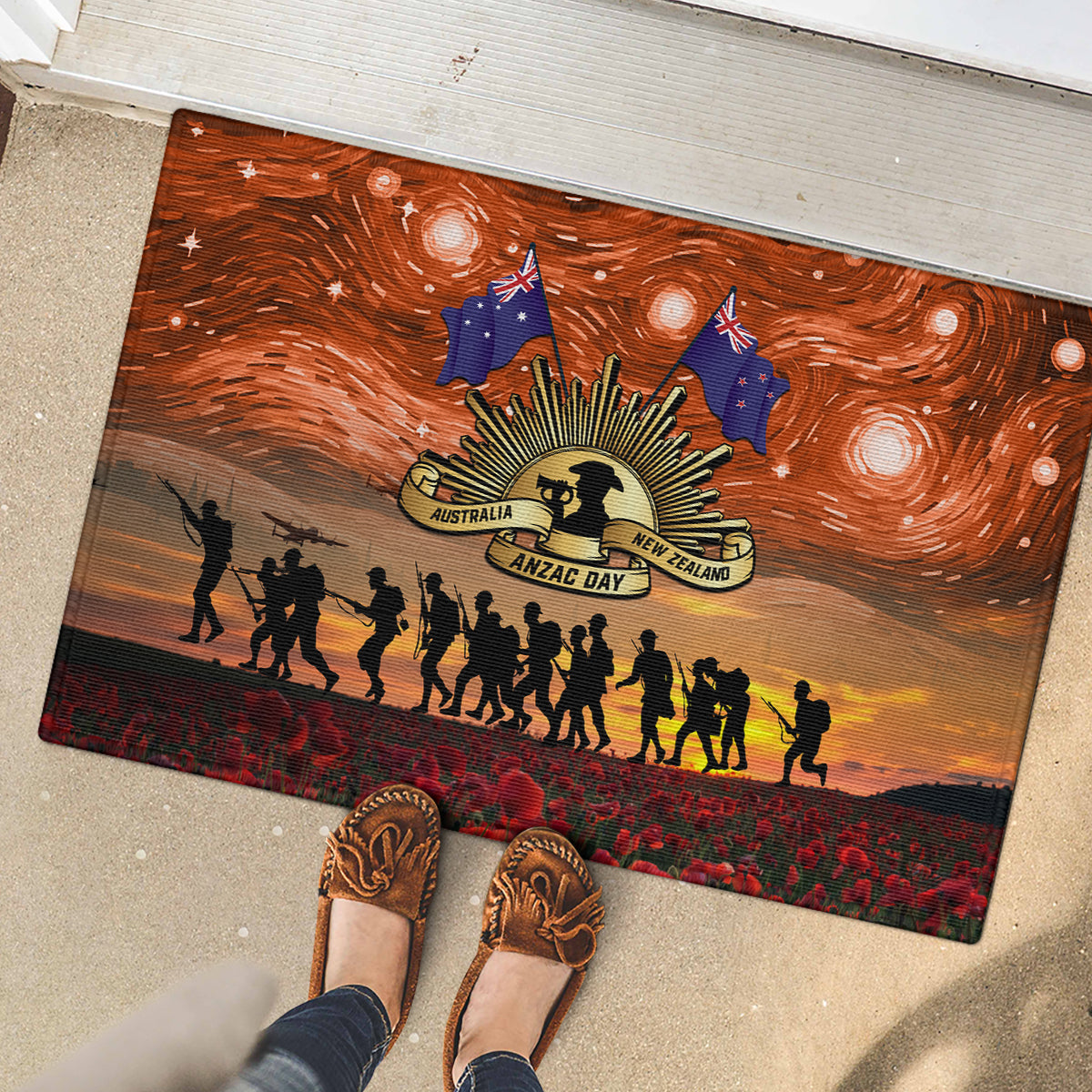 The Rising Sun Badge ANZAC Rubber Doormat Last Post Field of Poppy Starry Night Style