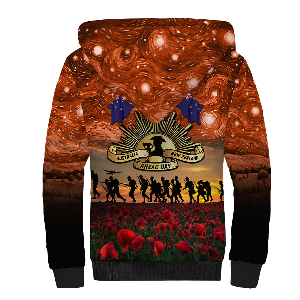 The Rising Sun Badge ANZAC Sherpa Hoodie Last Post Field of Poppy Starry Night Style