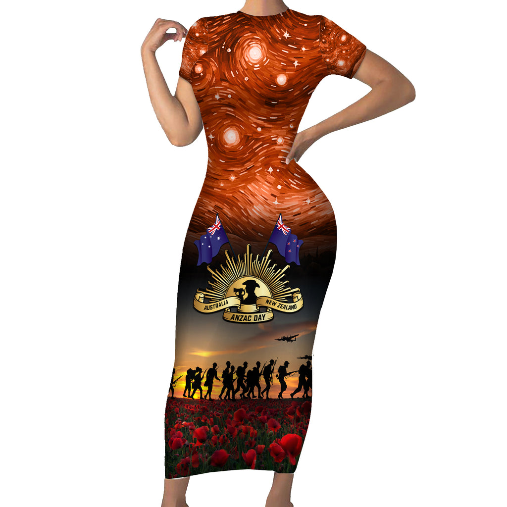 The Rising Sun Badge ANZAC Short Sleeve Bodycon Dress Last Post Field of Poppy Starry Night Style