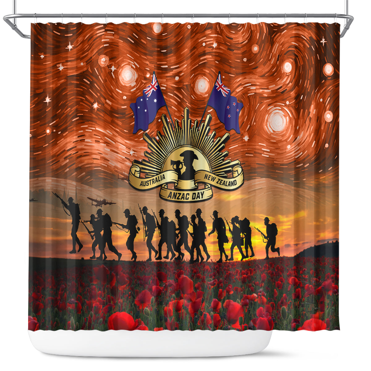 The Rising Sun Badge ANZAC Shower Curtain Last Post Field of Poppy Starry Night Style