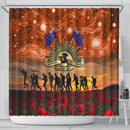 The Rising Sun Badge ANZAC Shower Curtain Last Post Field of Poppy Starry Night Style
