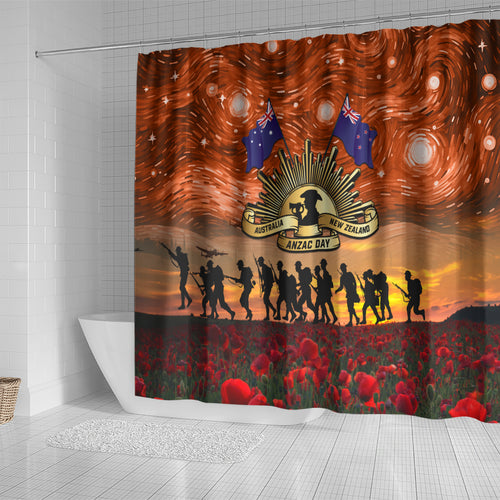 The Rising Sun Badge ANZAC Shower Curtain Last Post Field of Poppy Starry Night Style