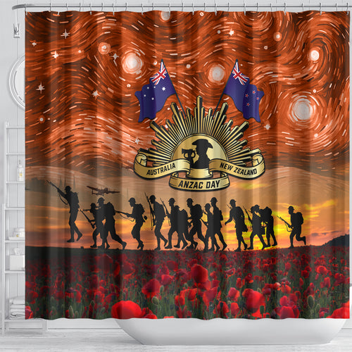 The Rising Sun Badge ANZAC Shower Curtain Last Post Field of Poppy Starry Night Style