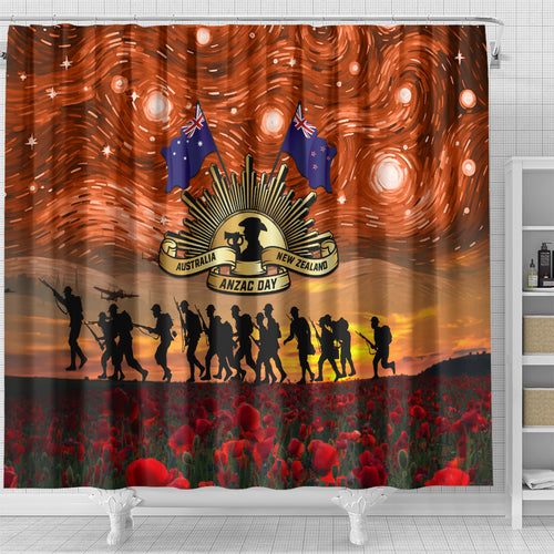 The Rising Sun Badge ANZAC Shower Curtain Last Post Field of Poppy Starry Night Style