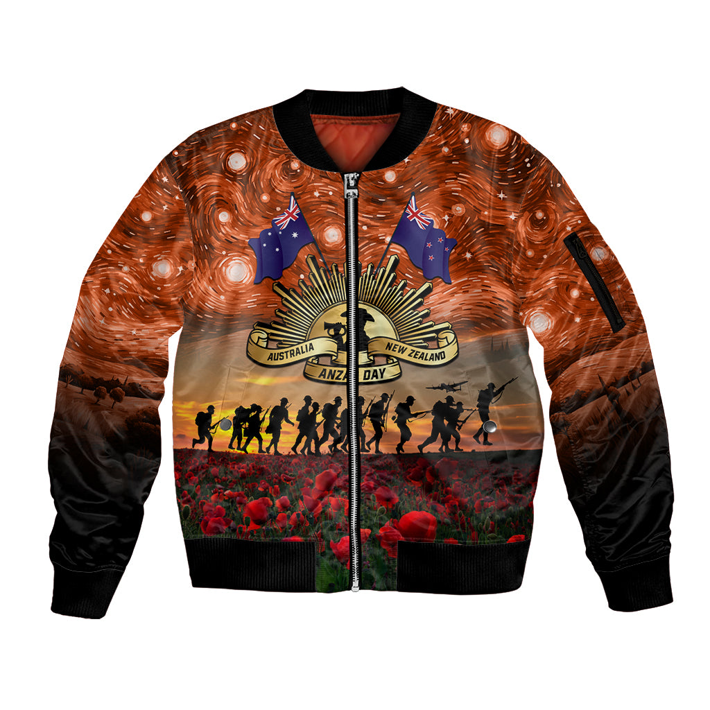 The Rising Sun Badge ANZAC Sleeve Zip Bomber Jacket Last Post Field of Poppy Starry Night Style
