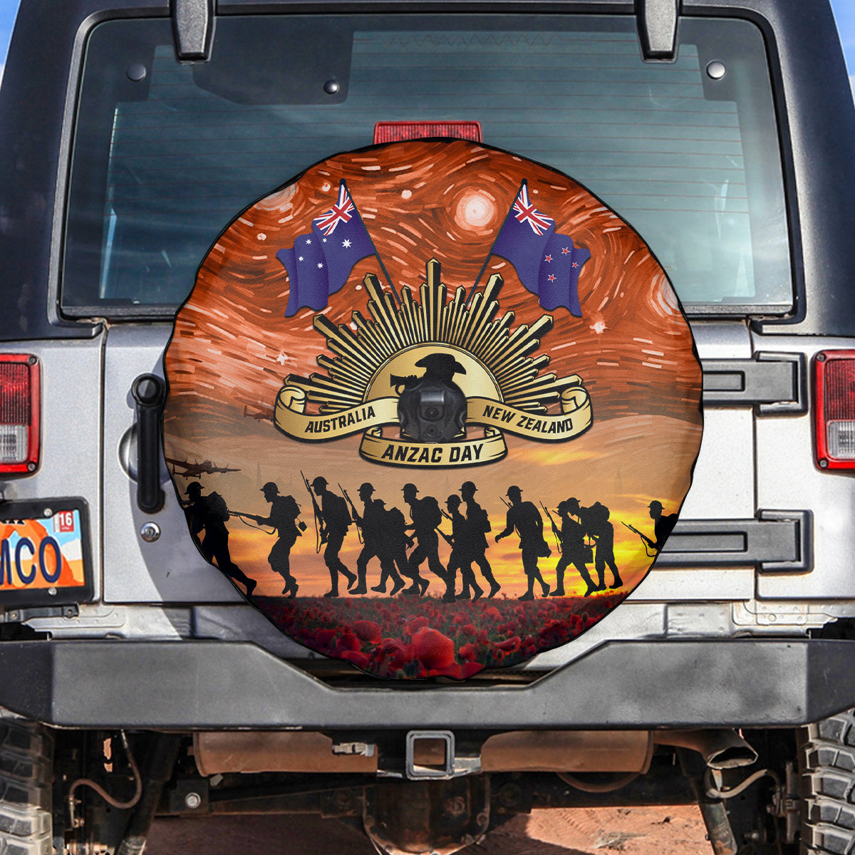 The Rising Sun Badge ANZAC Spare Tire Cover Last Post Field of Poppy Starry Night Style
