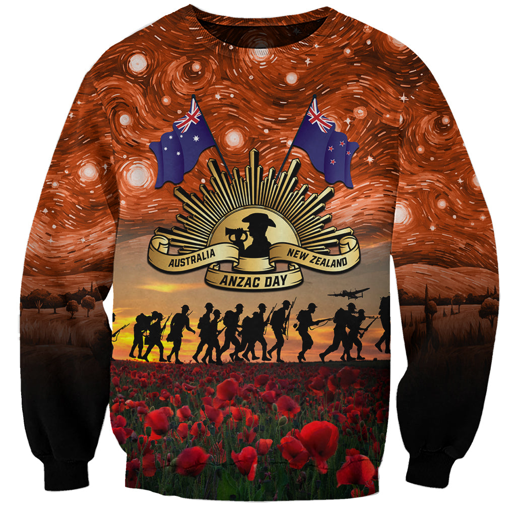 The Rising Sun Badge ANZAC Sweatshirt Last Post Field of Poppy Starry Night Style