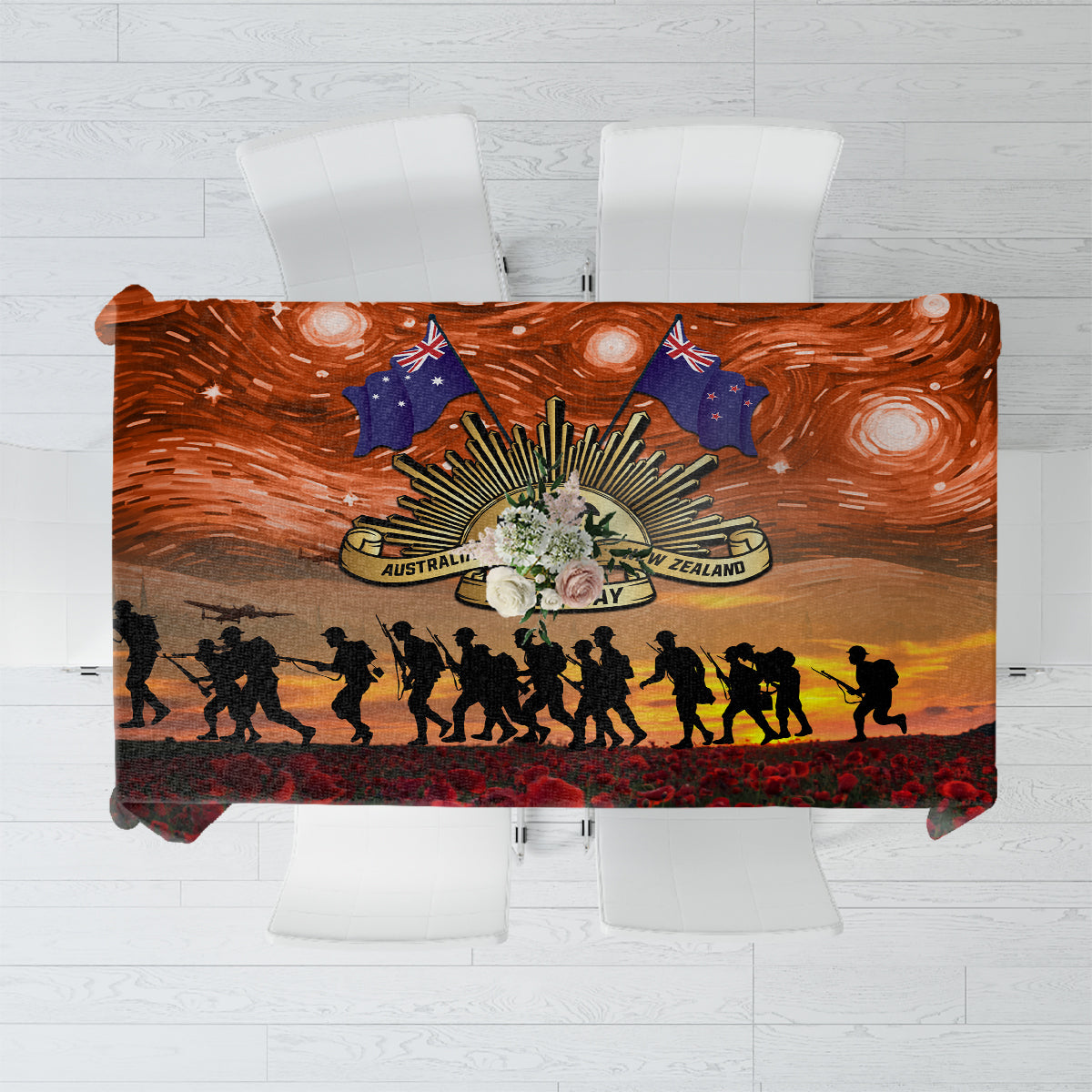 The Rising Sun Badge ANZAC Tablecloth Last Post Field of Poppy Starry Night Style