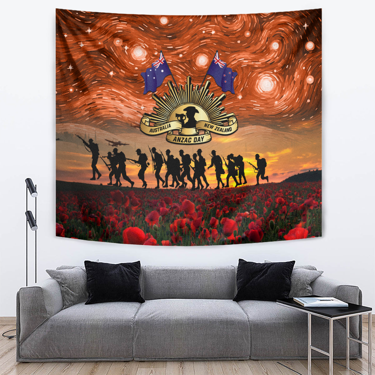 The Rising Sun Badge ANZAC Tapestry Last Post Field of Poppy Starry Night Style
