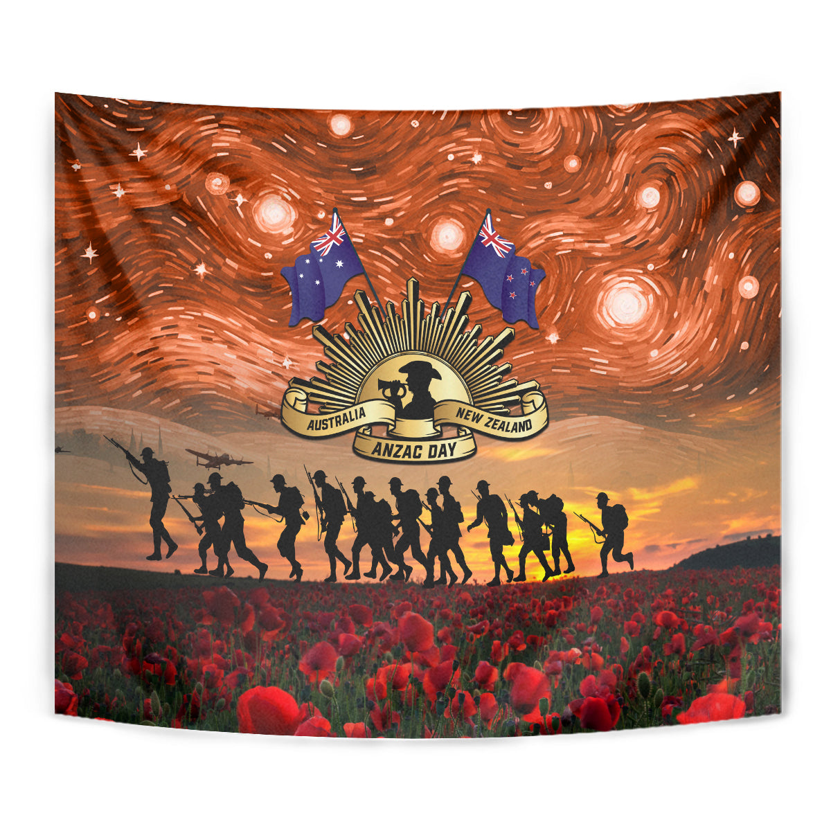 The Rising Sun Badge ANZAC Tapestry Last Post Field of Poppy Starry Night Style