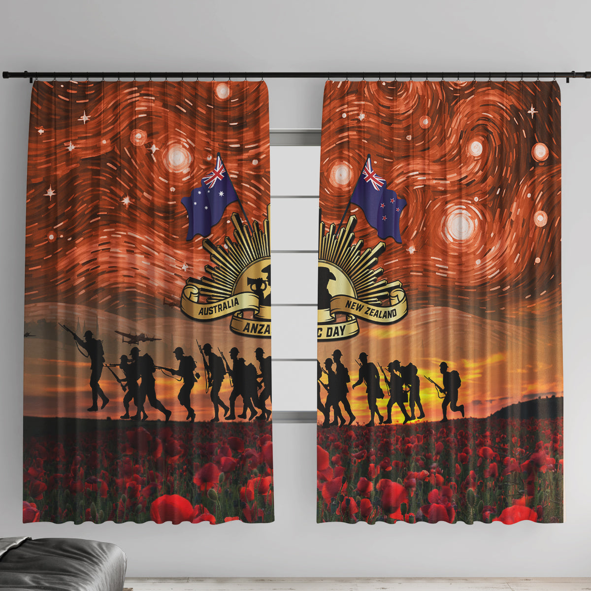 The Rising Sun Badge ANZAC Window Curtain Last Post Field of Poppy Starry Night Style