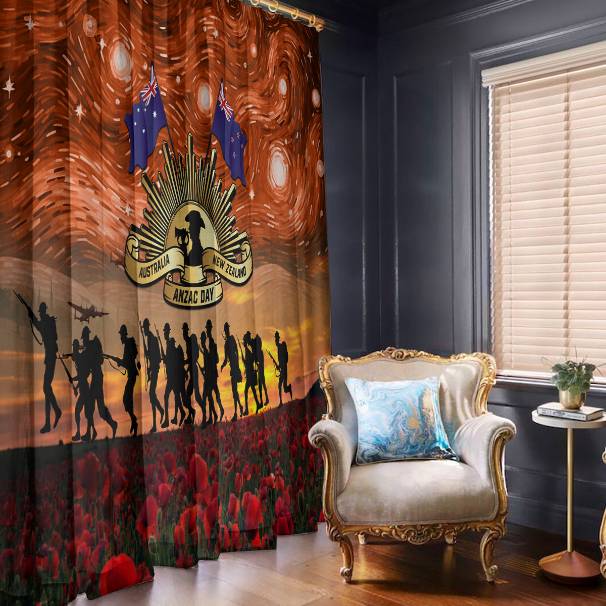 The Rising Sun Badge ANZAC Window Curtain Last Post Field of Poppy Starry Night Style