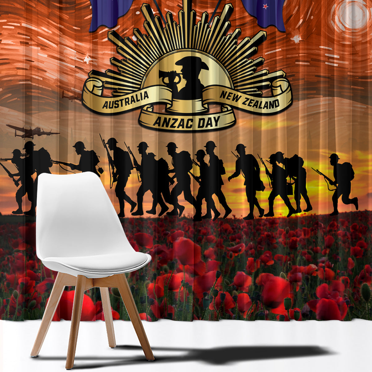 The Rising Sun Badge ANZAC Window Curtain Last Post Field of Poppy Starry Night Style