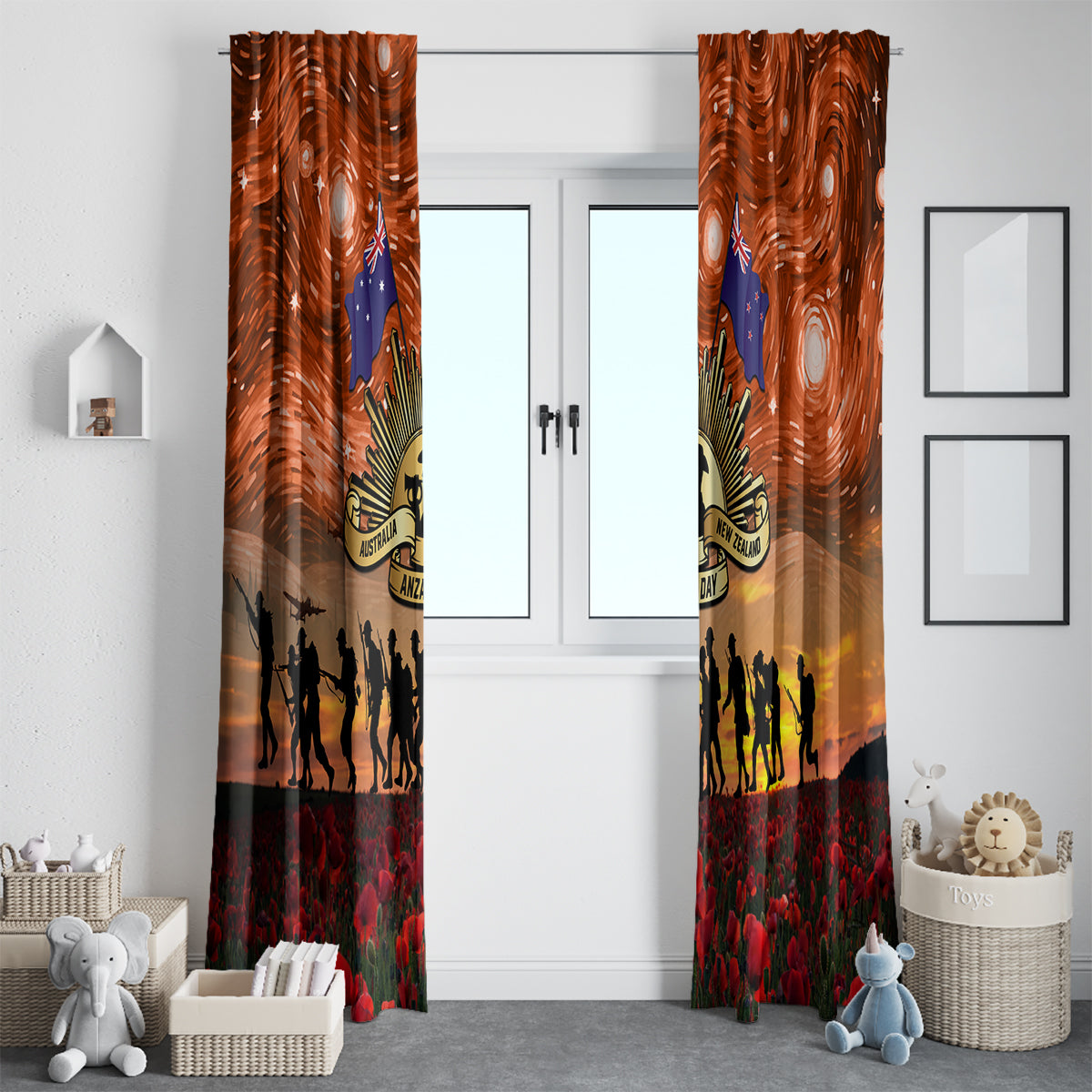 The Rising Sun Badge ANZAC Window Curtain Last Post Field of Poppy Starry Night Style