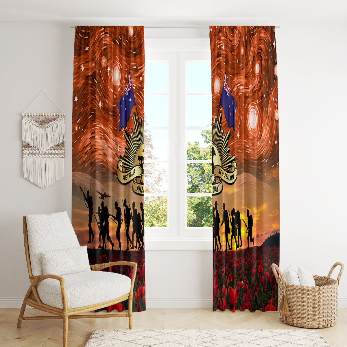 The Rising Sun Badge ANZAC Window Curtain Last Post Field of Poppy Starry Night Style
