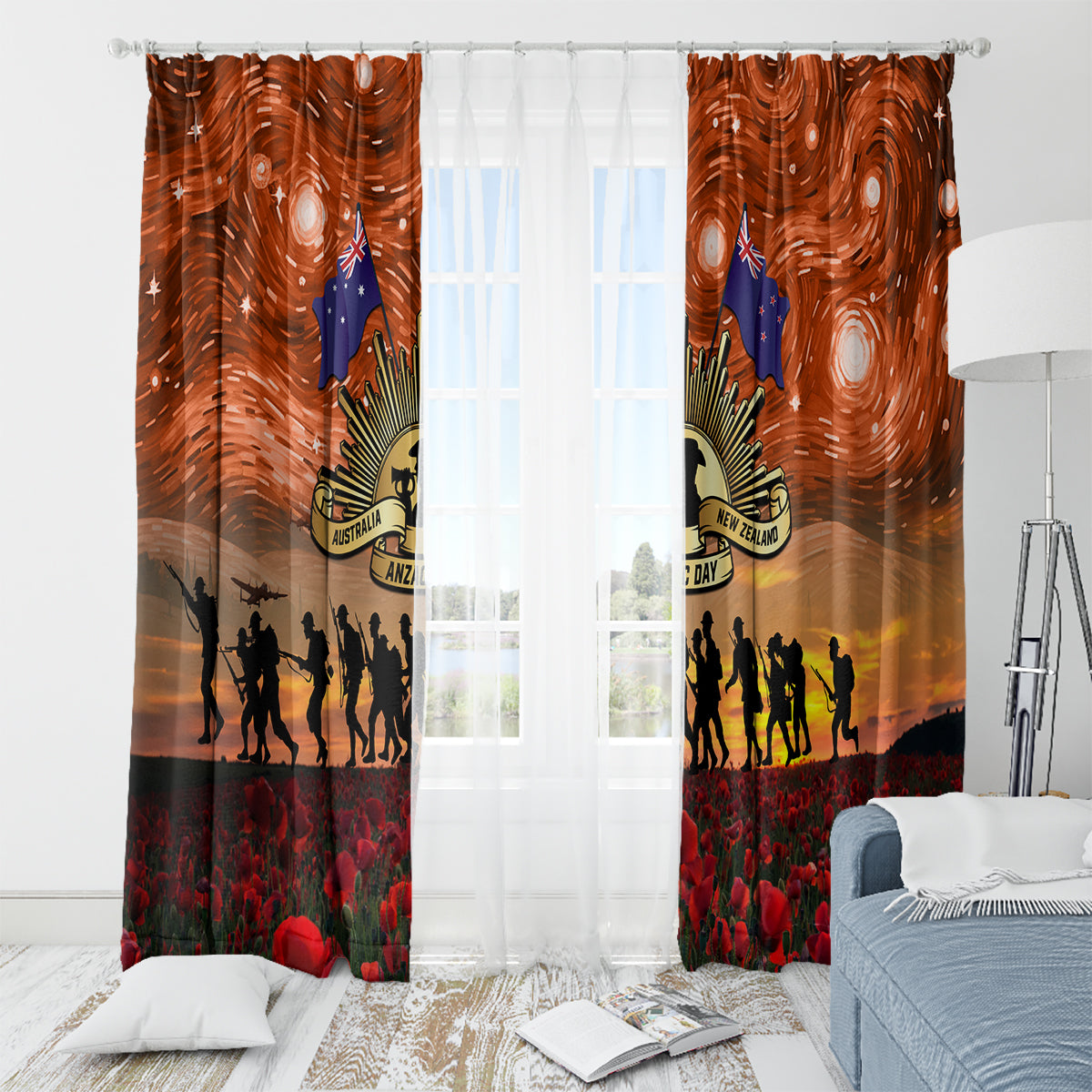 The Rising Sun Badge ANZAC Window Curtain Last Post Field of Poppy Starry Night Style