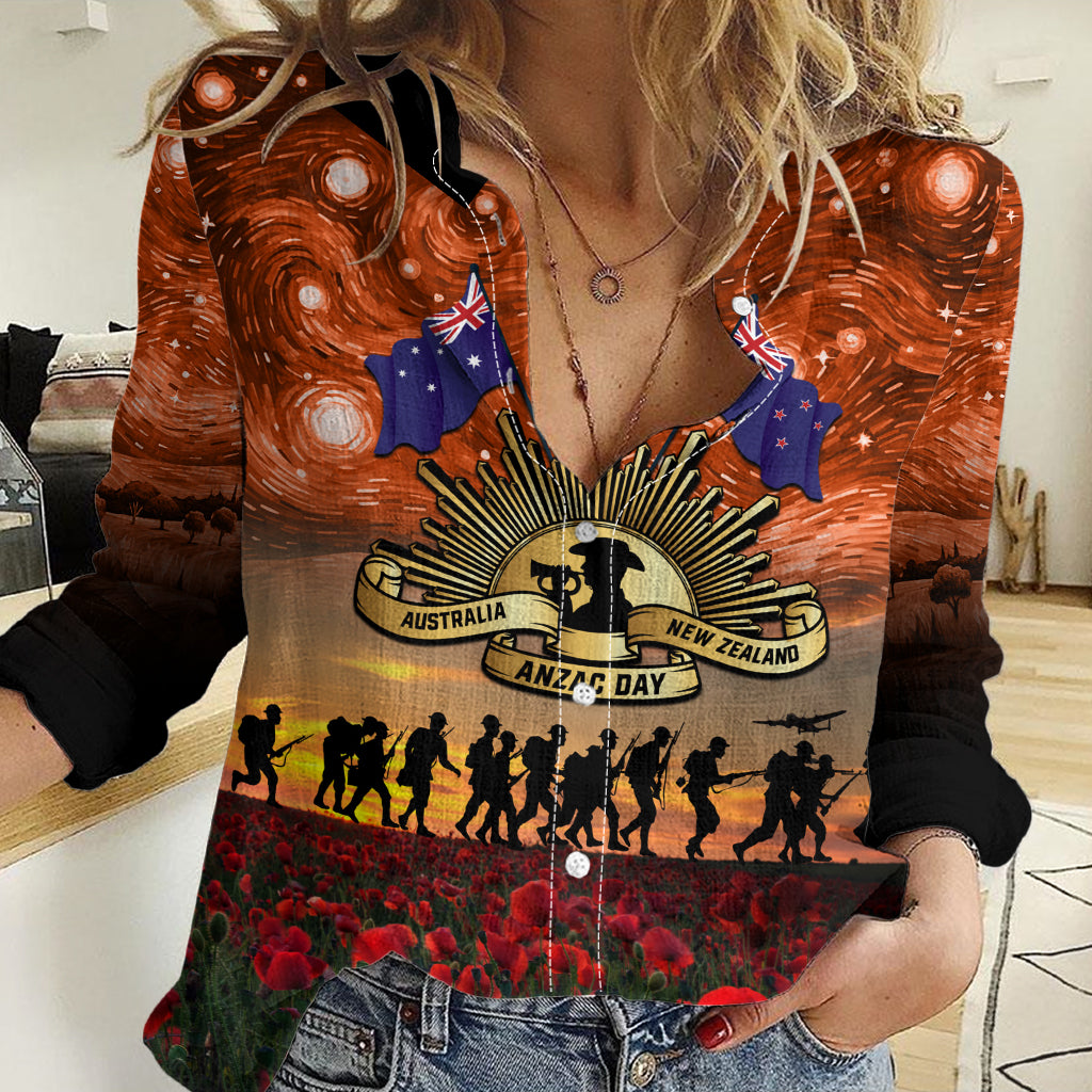 The Rising Sun Badge ANZAC Women Casual Shirt Last Post Field of Poppy Starry Night Style
