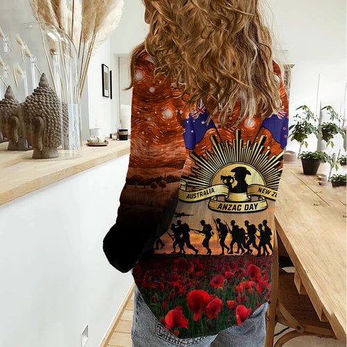 The Rising Sun Badge ANZAC Women Casual Shirt Last Post Field of Poppy Starry Night Style
