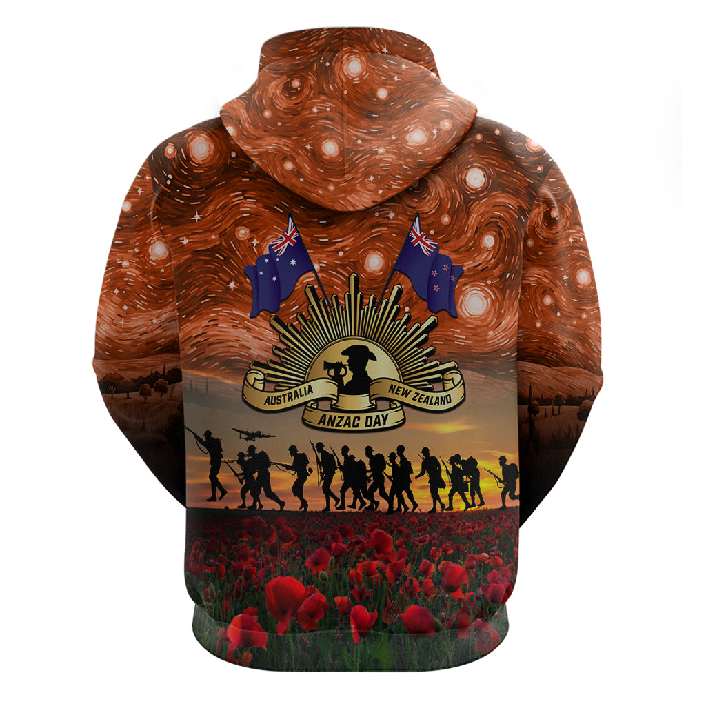 The Rising Sun Badge ANZAC Zip Hoodie Last Post Field of Poppy Starry Night Style