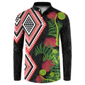 Aotearoa Tukutuku Motif Button Sweatshirt Pohutukawa and Fern Leaves