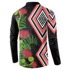 Aotearoa Tukutuku Motif Button Sweatshirt Pohutukawa and Fern Leaves
