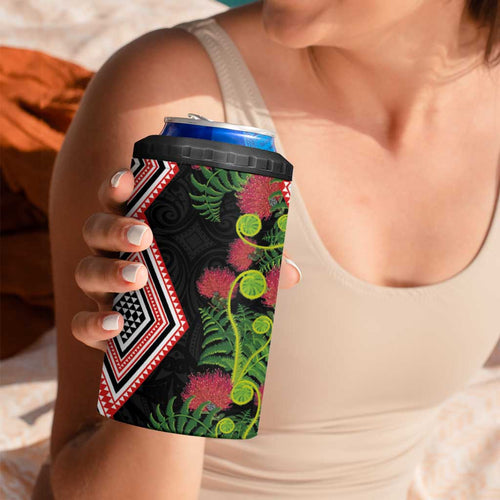 Aotearoa Tukutuku Motif 4 in 1 Can Cooler Tumbler Pohutukawa and Fern Leaves